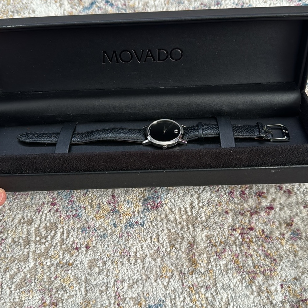 Movado Museum collection women’s silver watch with black leather band. - Picture 2 of 11